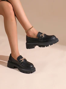 女式一脚蹬粗跟乐福鞋，软底，厚底，春秋季 - 黑色 - 查看 4