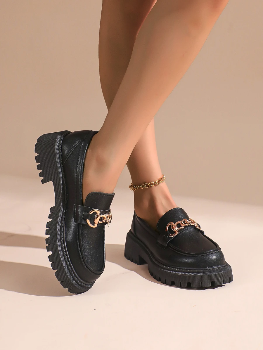 女式一脚蹬粗跟乐福鞋，软底，厚底，春秋季 - 黑色 - 查看 1