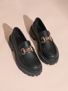 女式一脚蹬粗跟乐福鞋，软底，厚底，春秋季 - 黑色 - 查看 2