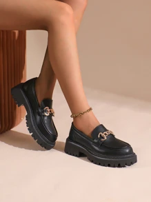 女式一脚蹬粗跟乐福鞋，软底，厚底，春秋季 - 黑色 - 查看 3