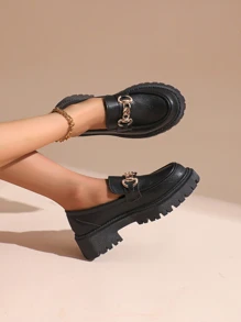 女式一脚蹬粗跟乐福鞋，软底，厚底，春秋季 - 黑色 - 查看 6