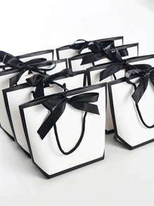 6pcs Black And White Simple Bowknot Design Mini Shopping Handbags, Cute Bowknot Design Paper Bag - Black and White - View 1