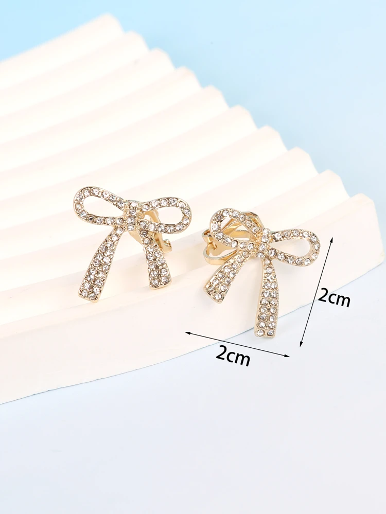 1pair High-grade Rhinestone Clip-on Earrings With Bow Design For Women, Elegant And Simple Style