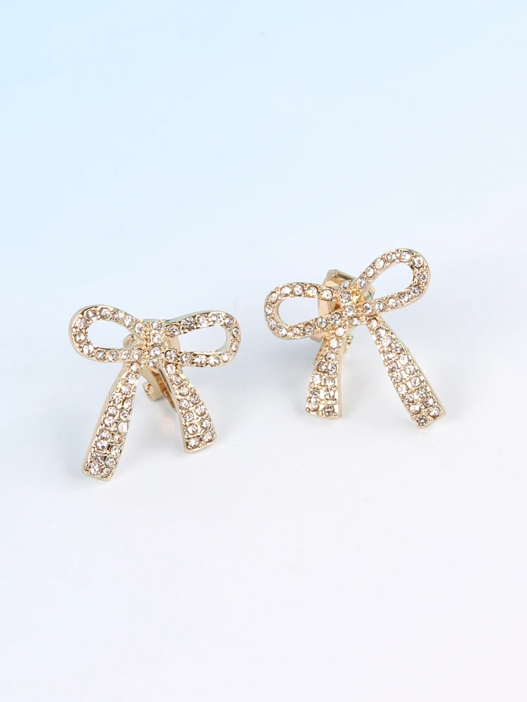 1pair High-grade Rhinestone Clip-on Earrings With Bow Design For Women, Elegant And Simple Style