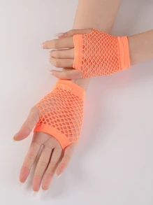 1雙女士鏤空時尚漁網露指手套適用於日常生活 - 橘色 - 查看 2