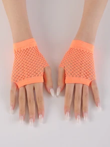 1雙女士鏤空時尚漁網露指手套適用於日常生活 - 橘色 - 查看 1