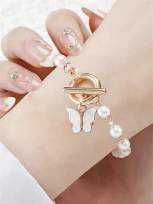 珍珠 水鑽 蝴蝶型女士手錶套裝 - 玫瑰金 - 查看 5