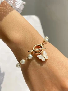 珍珠 水鑽 蝴蝶型女士手錶套裝 - 玫瑰金 - 查看 4