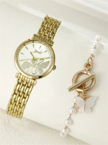 珍珠 水鑽 蝴蝶型女士手錶套裝 - 金色 - 查看 1