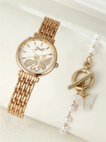 珍珠 水鑽 蝴蝶型女士手錶套裝 - 玫瑰金 - 查看 1