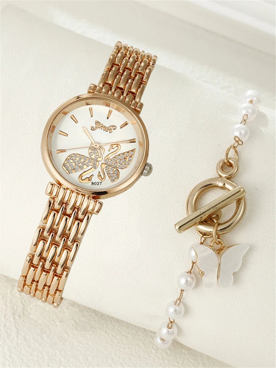 珍珠 水鑽 蝴蝶型女士手錶套裝 - 玫瑰金 - 查看 1