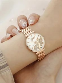 珍珠 水鑽 蝴蝶型女士手錶套裝 - 玫瑰金 - 查看 2