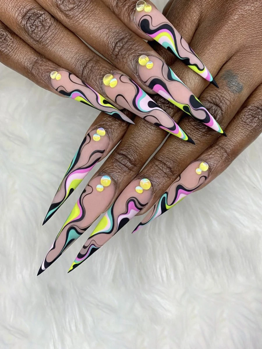 Nâng cấp Cái Nhìn Của Bạn Với 24 chiếc Trừu Tượng In Kim Cương Giả Trang Trí Tuyệt Vời Dài Đế Full Cover Giả Bộ Móng Tay - Nhiều màu - Xem 1