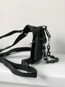 嘻哈街頭服飾男士胸包時尚中性背心後背包旅行胸包 - 黑色 - 查看 7