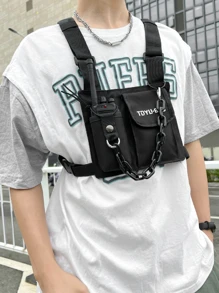 嘻哈街頭服飾男士胸包時尚中性背心後背包旅行胸包 - 黑色 - 查看 2