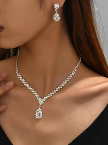 3 buc/set Colier și cercei pentru damă cu strasuri, potriviti pentru nuntă și uz zilnic - Argint - Vizualizare 3
