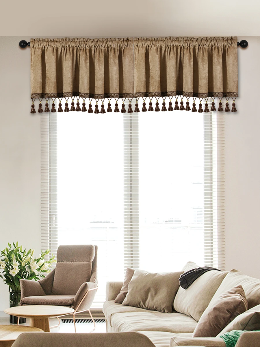 1片素色窗戶窗簾雪尼爾材料咖啡顏色方形設計平底慢帶流蘇邊合適適用於客廳臥室廚房窗戶門裝飾用品套 - 咖啡棕 - 查看 1