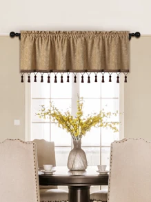 1片素色窗戶窗簾雪尼爾材料咖啡顏色方形設計平底慢帶流蘇邊合適適用於客廳臥室廚房窗戶門裝飾用品套 - 咖啡棕 - 查看 2