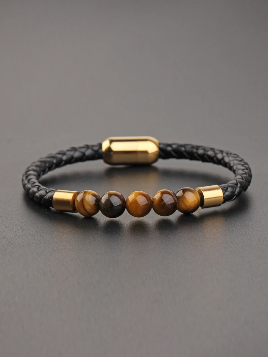 1Pc Men Bead Decor String Bracelet For Daily Decoration For A Stylish Look - Gold - View 1