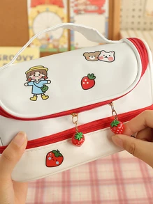 1入組可愛雙層收納小袋適合女孩,學生便攜DIY筆盒帶吊墜,帶A貼紙 - 紅色 - 查看 1