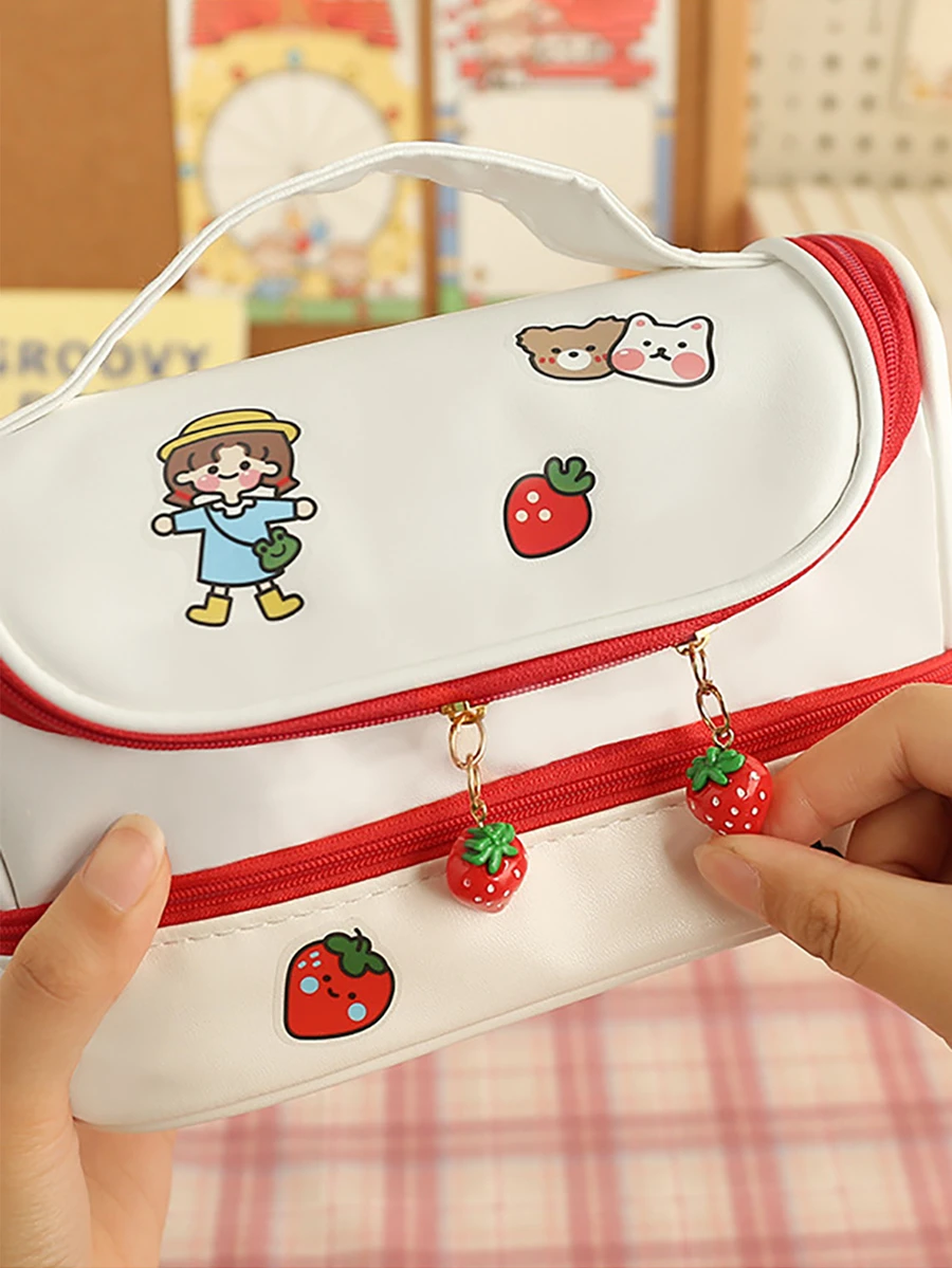 1入組可愛雙層收納小袋適合女孩,學生便攜DIY筆盒帶吊墜,帶A貼紙 - 紅色 - 查看 1