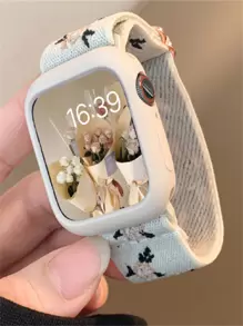 1 pieza Correa de reloj de silicona con estampado de flores compatible con Apple Watch, regalo para el Día de San Valentín - Beis - Ver 1