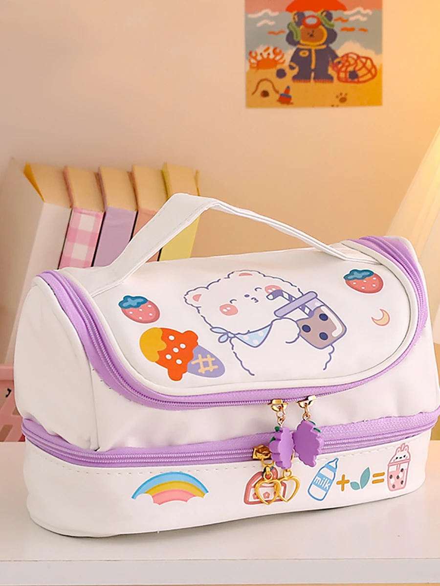 1入組可愛雙層收納小袋適合女孩,帶可拆卸吊墜適用於DIY筆包,帶一貼紙 - 紫色 - 查看 1