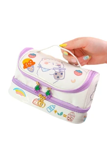 1入組可愛雙層收納小袋適合女孩,帶可拆卸吊墜適用於DIY筆包,帶一貼紙 - 紫色 - 查看 5