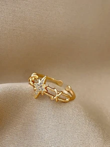 1pc Cubic Zirconia Star Decor Cuff Ring - Yellow Gold - View 2