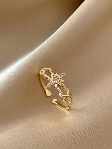 1pc Cubic Zirconia Star Decor Cuff Ring - Yellow Gold - View 7