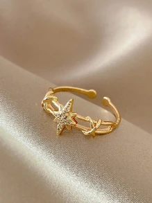 1pc Cubic Zirconia Star Decor Cuff Ring - Yellow Gold - View 3