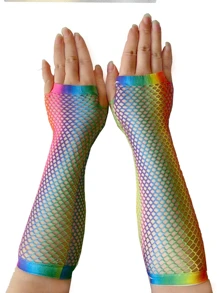 1 par de mangas huecas con estampado arcoíris de malla, accesorios de disfraz lindos, guantes largos de estilo Lolita JK de verano para protección solar - Multicolor - Ver 3