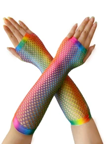 1 par de mangas huecas con estampado arcoíris de malla, accesorios de disfraz lindos, guantes largos de estilo Lolita JK de verano para protección solar - Multicolor - Ver 1