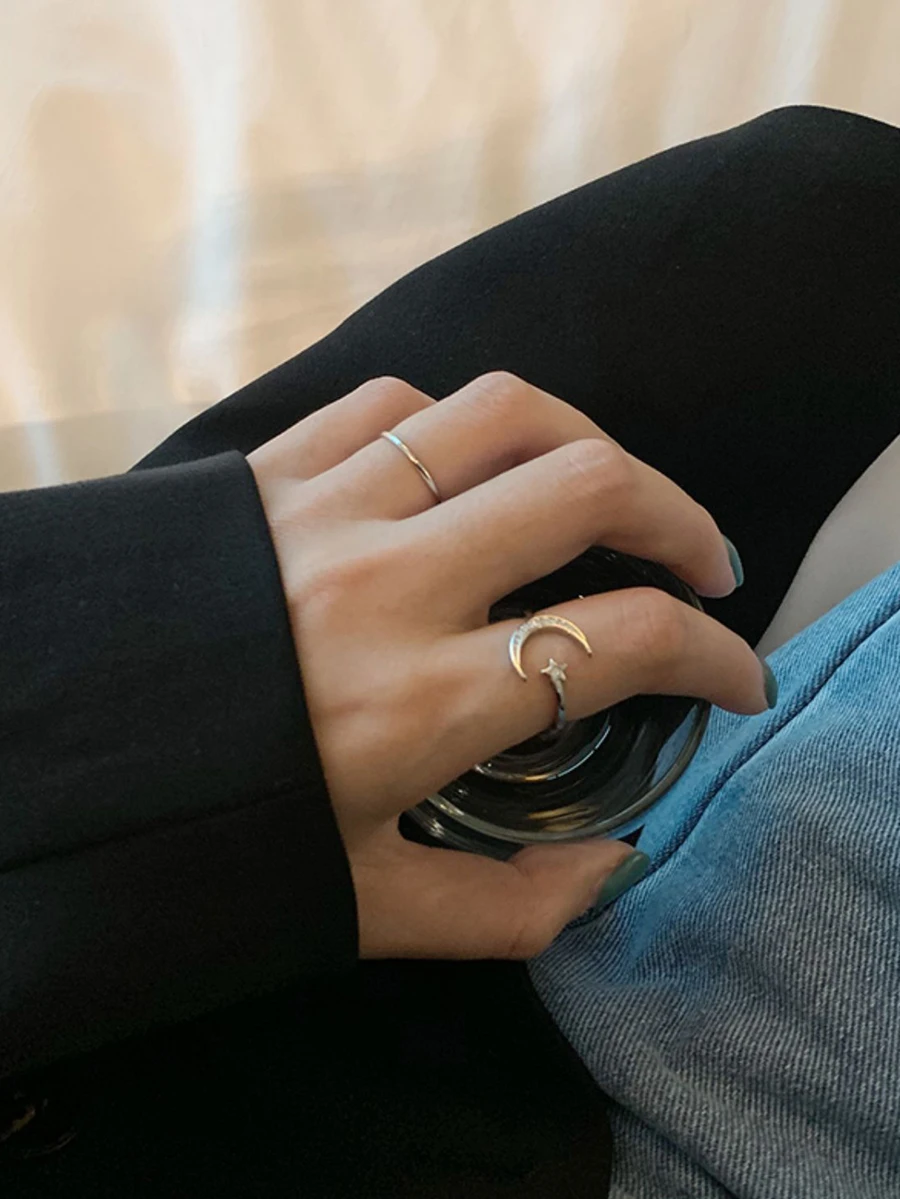 1set Star & Moon Design Ring Set Suitable For Women's Daily Wear - Antique Silver - View 1