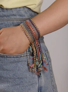 Bộ 12 chiếc vòng tay dây lụa nhiều màu sắc phong cách Bohemian, có thể điều chỉnh kích thước, được cá nhân hóa theo yêu cầu. - Nhiều màu - Xem 1