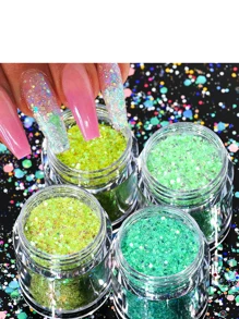 黄色大块指甲闪光粉，4 瓶 4 色大块面部闪光粉全息头发树脂工艺闪光粉 10 克罐装-化妆品闪光粉 - 金色 - 查看 3