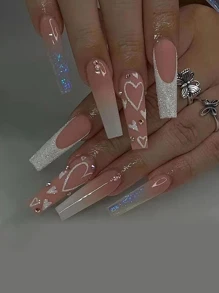 更新你風格帶24入組長款棺材愛心圖案全覆蓋假指甲成套工具 - 黑與白 - 查看 1