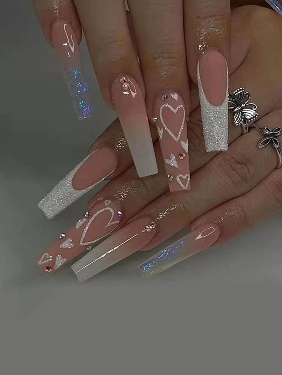 更新你風格帶24入組長款棺材愛心圖案全覆蓋假指甲成套工具 - 黑與白 - 查看 1