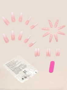 更新你風格帶24入組長款棺材愛心圖案全覆蓋假指甲成套工具 - 黑與白 - 查看 2