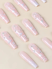 更新你風格帶24入組長款棺材愛心圖案全覆蓋假指甲成套工具 - 黑與白 - 查看 4