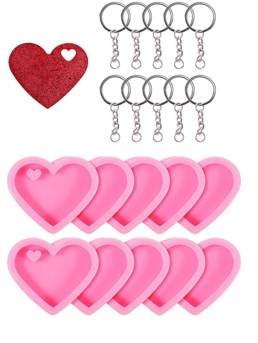 10 件心形 DIY 硅胶模具 10 件钥匙扣环套装，DIY 心形吊坠模具，适用于 DIY 手工制作 - 粉色 - 查看 1