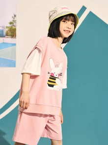 TIGER MINI 女孩卡通圖案背心上衣和短褲不帶T恤 - 粉色 - 查看 4