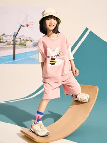 TIGER MINI 女孩卡通圖案背心上衣和短褲不帶T恤 - 粉色 - 查看 3