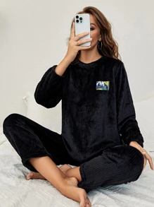 女士黑色半絨面睡衣套裝 - 黑色 - 查看 6