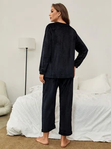 女士黑色半絨面睡衣套裝 - 黑色 - 查看 2