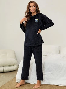 女士黑色半絨面睡衣套裝 - 黑色 - 查看 1