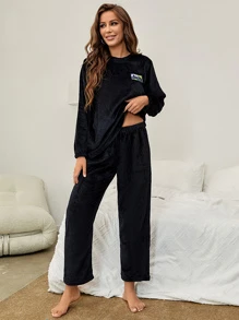 女士黑色半絨面睡衣套裝 - 黑色 - 查看 3