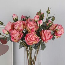 Hoa hồng nướng mô phỏng cao cấp, Hoa hồng nhân tạo Burnt Edge thực tế, Hoa giả hoa hồng Hy Lạp 3 đầu thân đơn cho trang trí nhà và đám cưới - Màu Hồng Tươi - Xem 1