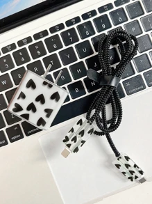 5 piezas con patrón de corazón Cubierta de la cabeza del cargador & espiral Protector de cable de dato compatible con manzana Cargador - Negro - Ver 3