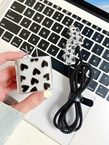 5 piezas con patrón de corazón Cubierta de la cabeza del cargador & espiral Protector de cable de dato compatible con manzana Cargador - Negro - Ver 2
